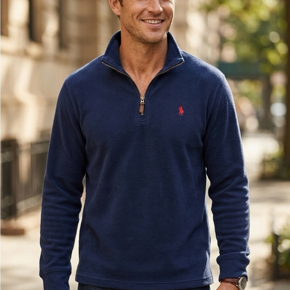 Ralph Lauren Navy Half-Zip Fleece with Red Pony Emblem